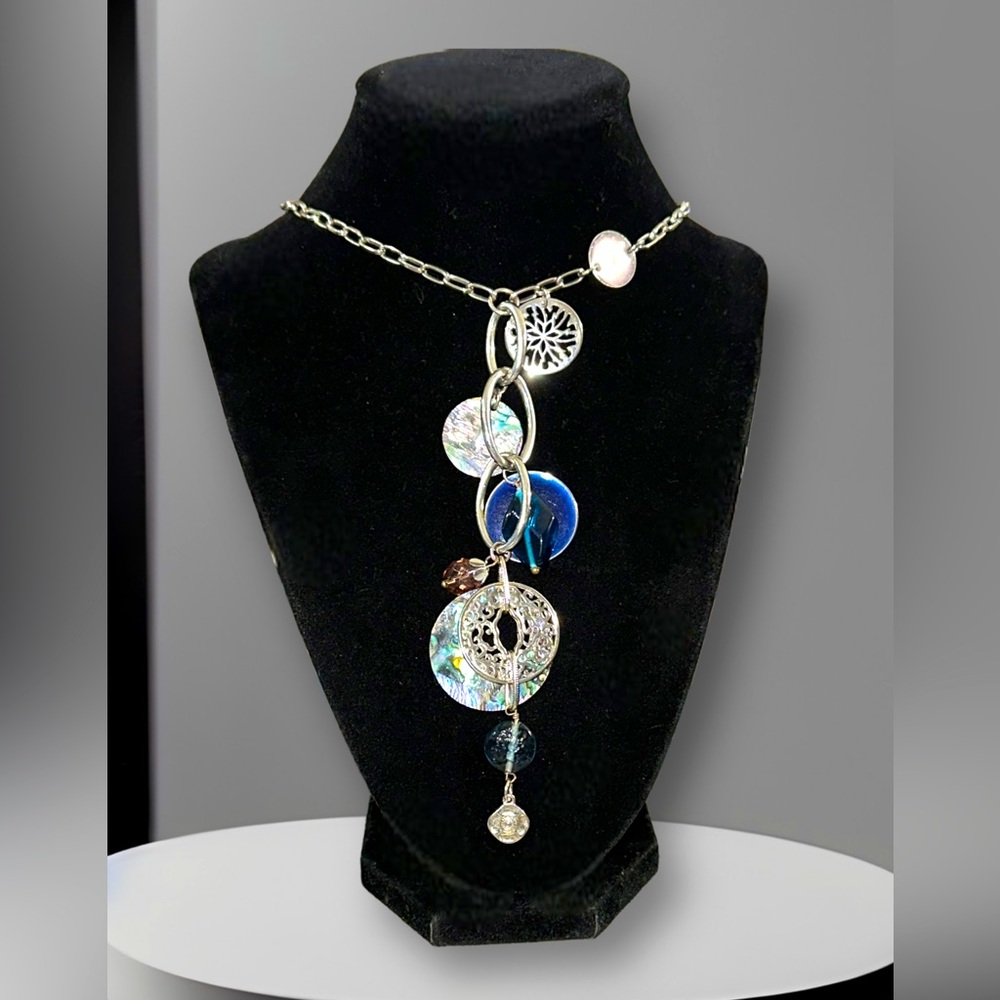 Lia Sophia silver tone with Abalone, Bead, blue enamel accents & Y Necklace 20”